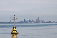 A buoy near the Cleveland Water intake—approximately 3.5 miles off the Cleveland shoreline—gives researchers at NOAA GLERL the ability to incorporate water temperature, pH, turbidity, dissolved oxygen and other parameters into their Experimental Hypoxia Forecast model. This allows water treatment managers enough time to anticipate and respond to changes in lake water quality before it is drawn into their treatment plants. Photo Credit: Ed Verhamme, Limnotech